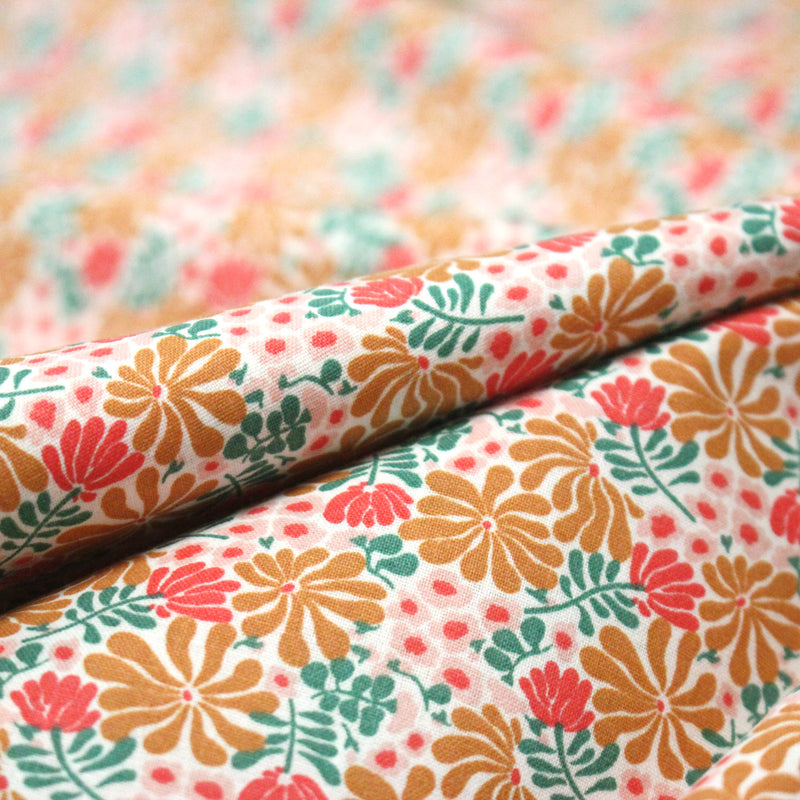 Tissu cotonnade fleuri SEVENTIES ocre rose vert - STANDARD 100 OEKO - TEX - TissusPapi.com