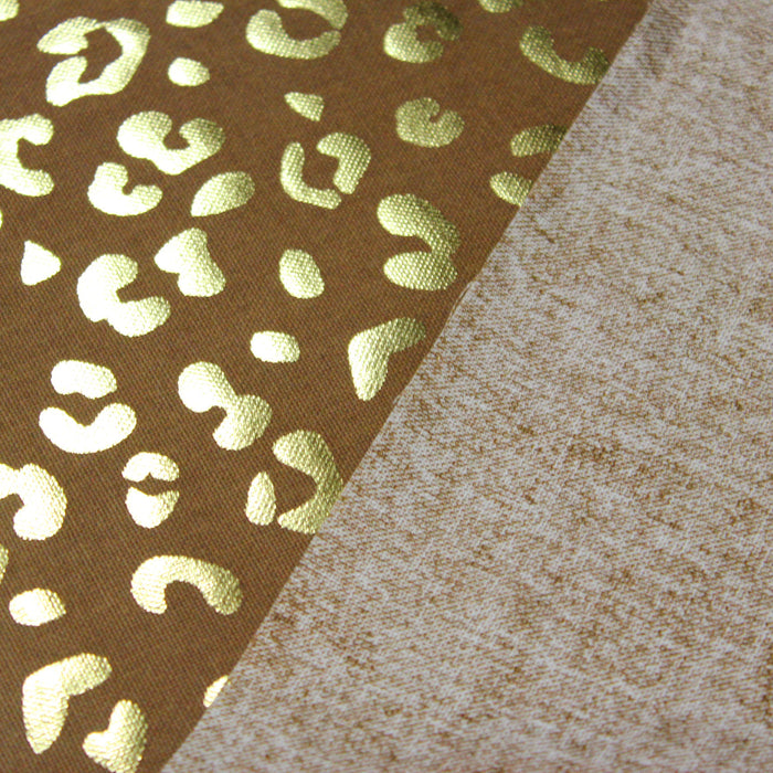 Tissu de coton demi-natté lin caramel et motif léopard doré