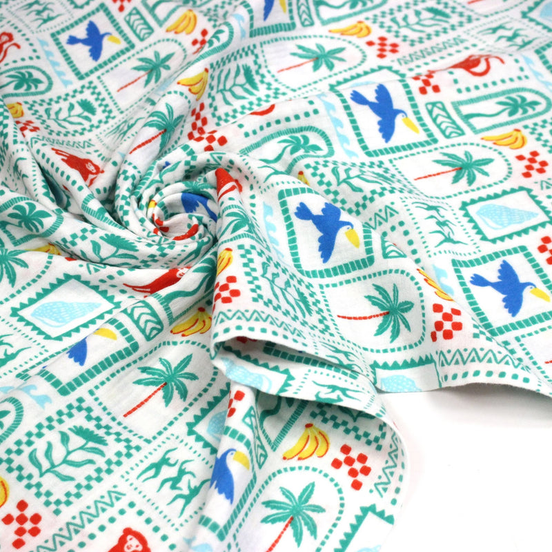 Tissu double gaze Palmiers, bananes et toucans - Collection SICILIA - STANDARD 100 OEKO - TEX - TissusPapi.com