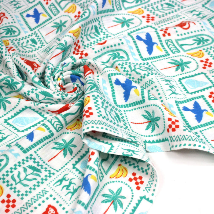 Tissu double gaze Palmiers, bananes et toucans - Collection SICILIA - STANDARD 100 OEKO - TEX - TissusPapi.com