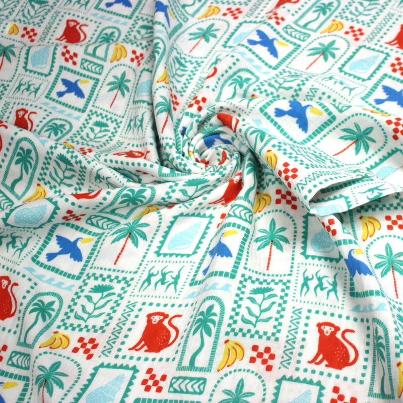 Tissu double gaze Palmiers, bananes et toucans - Collection SICILIA - STANDARD 100 OEKO - TEX - TissusPapi.com
