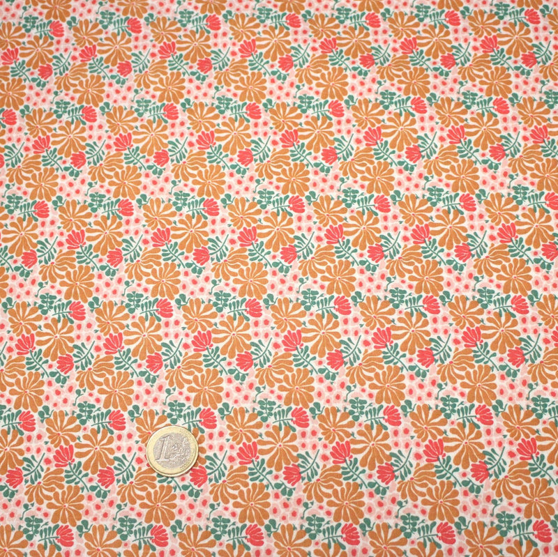 Tissu cotonnade fleuri SEVENTIES ocre rose vert - STANDARD 100 OEKO - TEX - TissusPapi.com