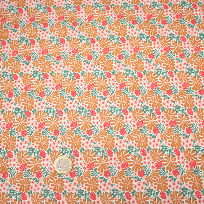 Tissu cotonnade fleuri SEVENTIES ocre rose vert - STANDARD 100 OEKO-TEX