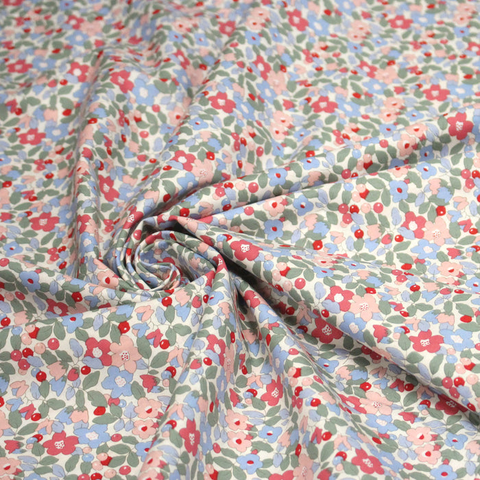 Tissu popeline coton fleurie bleu rouge rose - OEKO-TEX