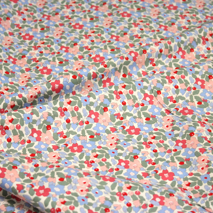 Tissu popeline coton fleurie bleu rouge rose - OEKO-TEX