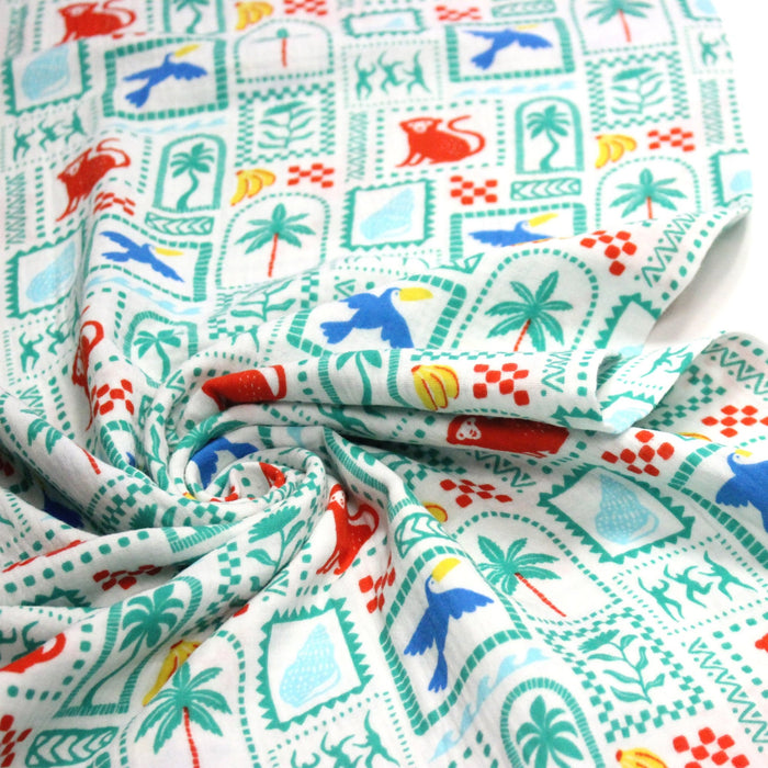 Tissu double gaze Palmiers, bananes et toucans - Collection SICILIA - STANDARD 100 OEKO - TEX - TissusPapi.com