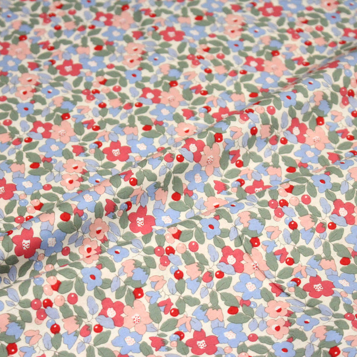 Tissu popeline coton fleurie bleu rouge rose - OEKO-TEX