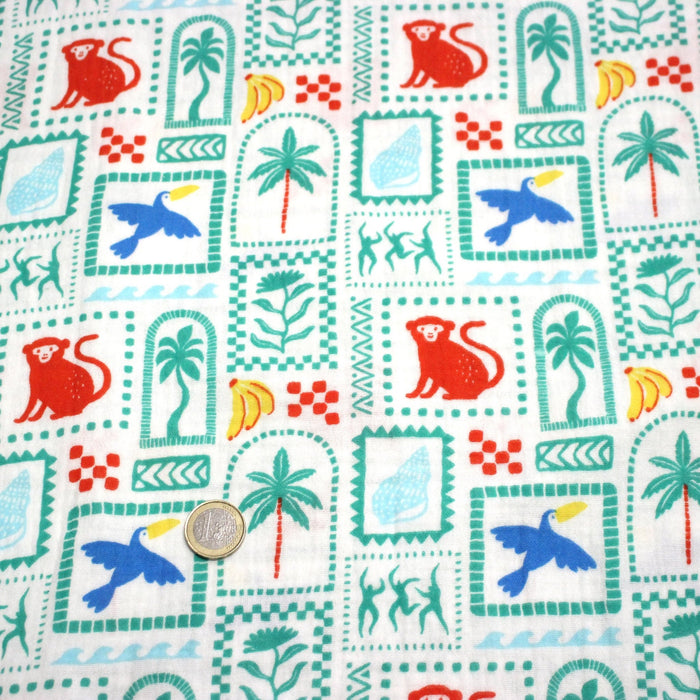 Tissu double gaze Palmiers, bananes et toucans - Collection SICILIA - STANDARD 100 OEKO - TEX - TissusPapi.com