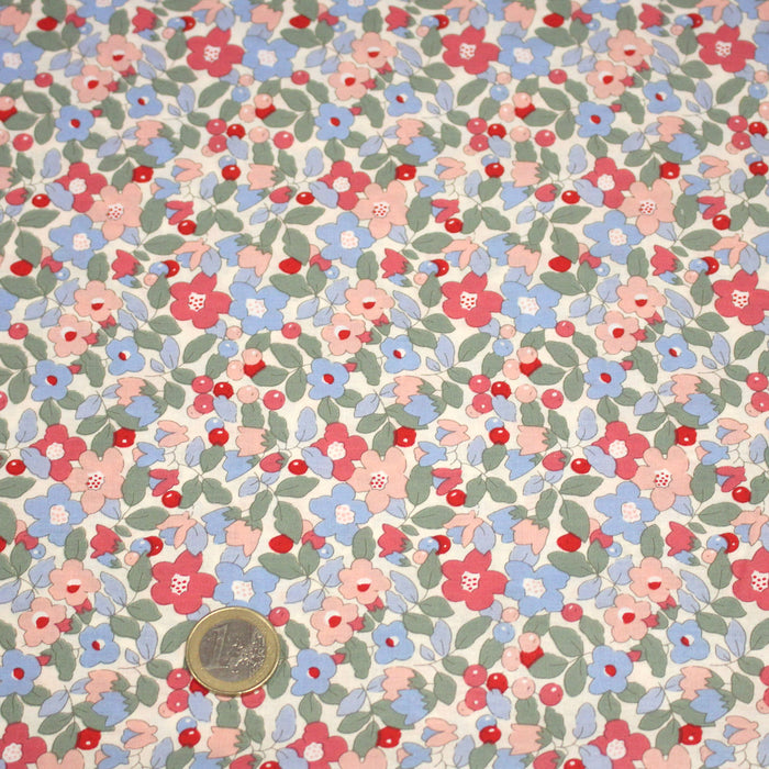 Tissu popeline coton fleurie bleu rouge rose - OEKO-TEX