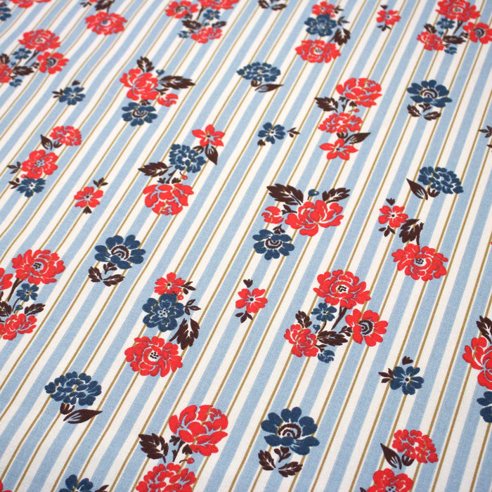 Tissu coton demi-natté FLOWER TICKING, rayé bleu et écru & fleuri britannique rouge et bleu - OEKO-TEX STANDARD 100