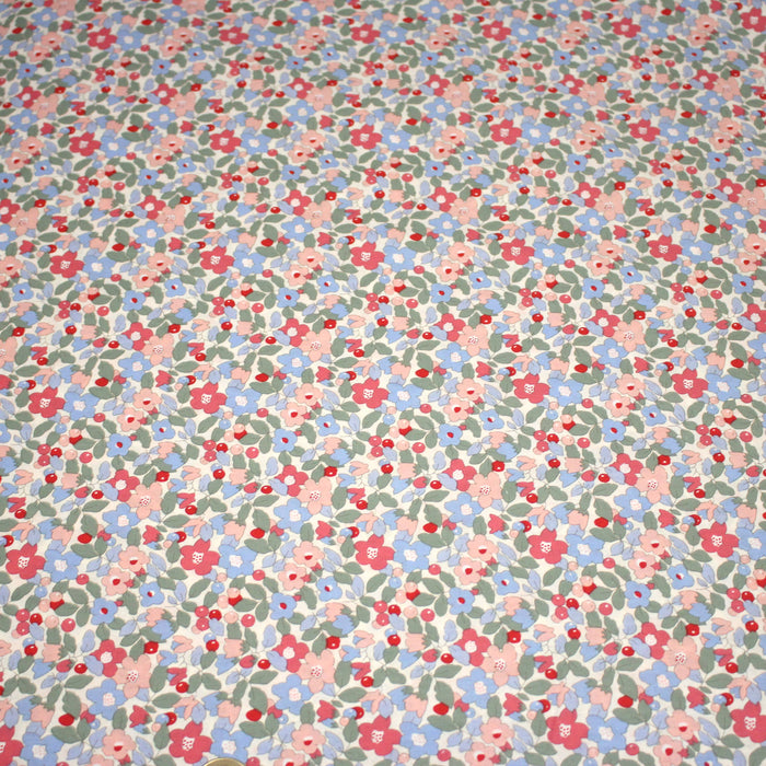 Tissu popeline coton fleurie bleu rouge rose - OEKO-TEX