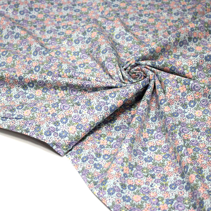 Tissu popeline coton ciel, fleuri rose bleu vert - OEKO-TEX