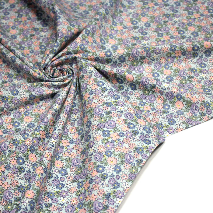 Tissu popeline coton ciel, fleuri rose bleu vert - OEKO-TEX