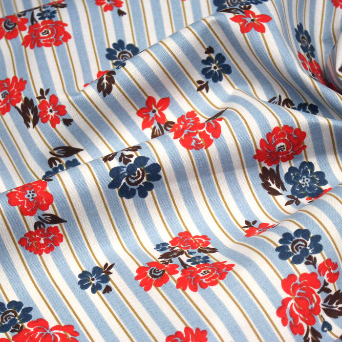 Tissu coton demi-natté FLOWER TICKING, rayé bleu et écru & fleuri britannique rouge et bleu - OEKO-TEX STANDARD 100