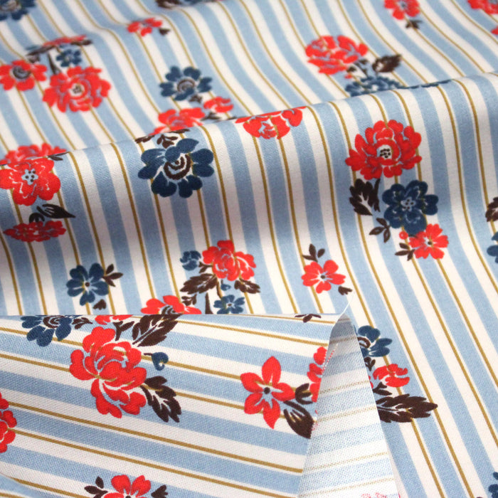 Tissu coton demi-natté FLOWER TICKING, rayé bleu et écru & fleuri britannique rouge et bleu - OEKO-TEX STANDARD 100