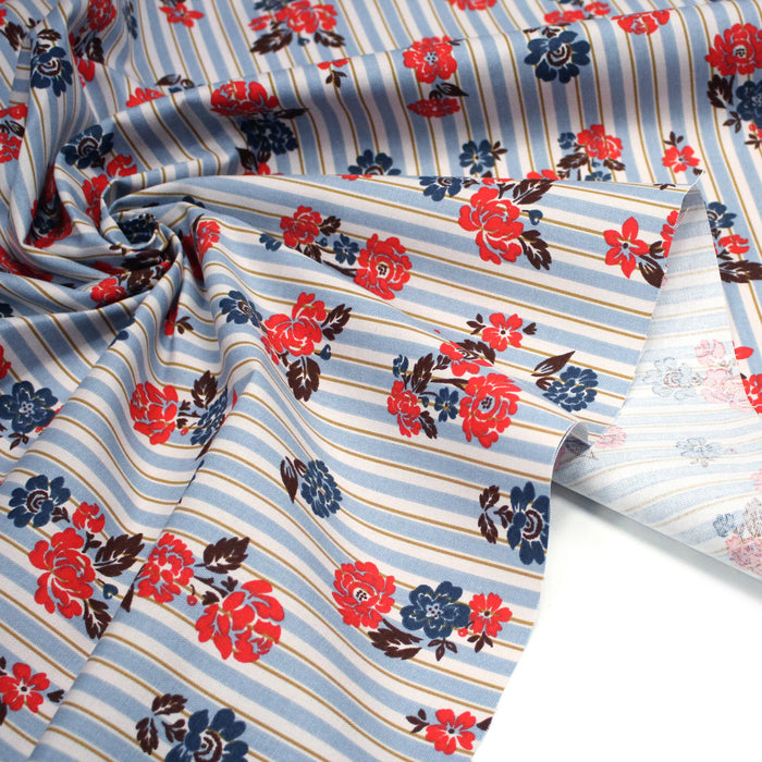 Tissu coton demi-natté FLOWER TICKING, rayé bleu et écru & fleuri britannique rouge et bleu - OEKO-TEX STANDARD 100