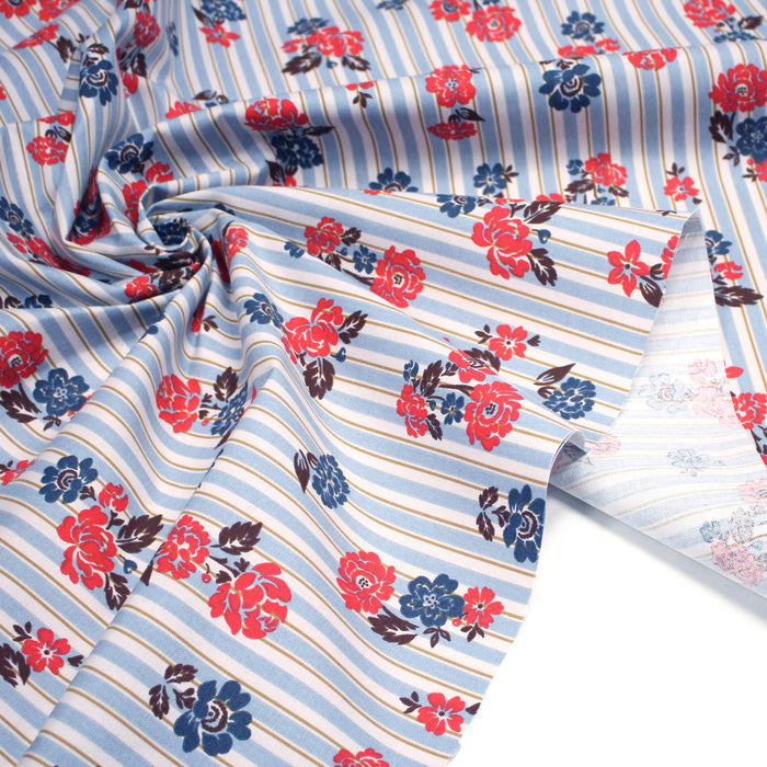 Tissu coton demi-natté FLOWER TICKING, rayé bleu et écru & fleuri britannique rouge et bleu - OEKO-TEX STANDARD 100