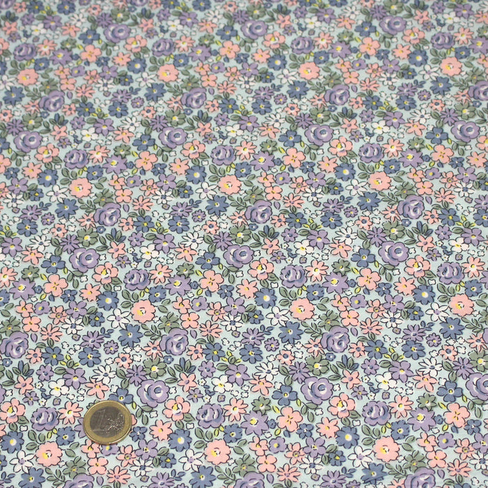 Tissu popeline coton ciel, fleuri rose bleu vert - OEKO-TEX