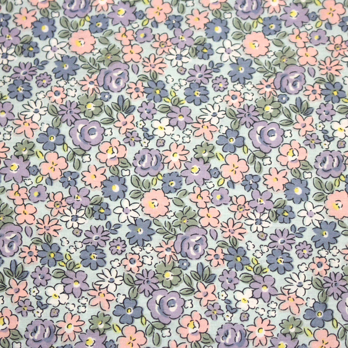 Tissu popeline coton ciel, fleuri rose bleu vert - OEKO-TEX