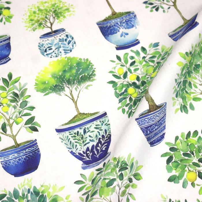 Tissu gabardine coton imprimée Citrons & citronniers, pots faïence bleue - ON DESTOCKE ! - TissusPapi.com