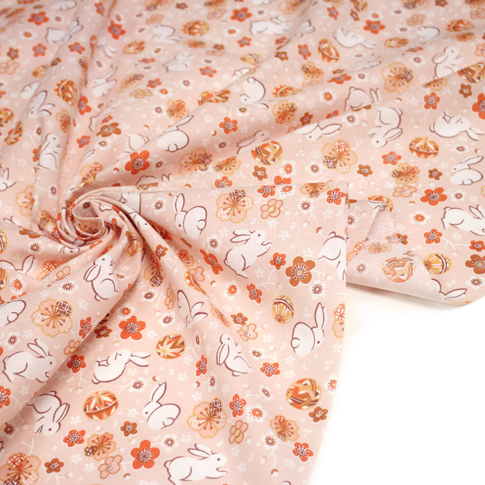 Tissu coton motif japonais Coeurs, lapins et fleurs sakura - STANDARD 100 OEKO-TEX