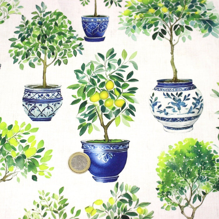 Tissu gabardine coton imprimée Citrons & citronniers, pots faïence bleue - ON DESTOCKE ! - TissusPapi.com
