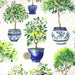 Tissu gabardine coton imprimée Citrons & citronniers, pots faïence bleue - ON DESTOCKE ! - TissusPapi.com
