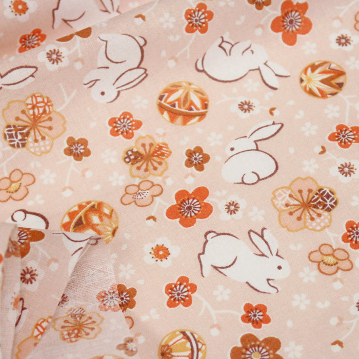Tissu coton motif japonais Coeurs, lapins et fleurs sakura - STANDARD 100 OEKO-TEX