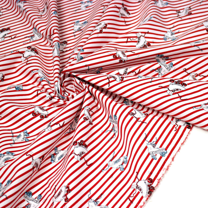 Tissu popeline coton, roller quad / patins à roulette & rayures blanches et rouges - TissusPapi.com