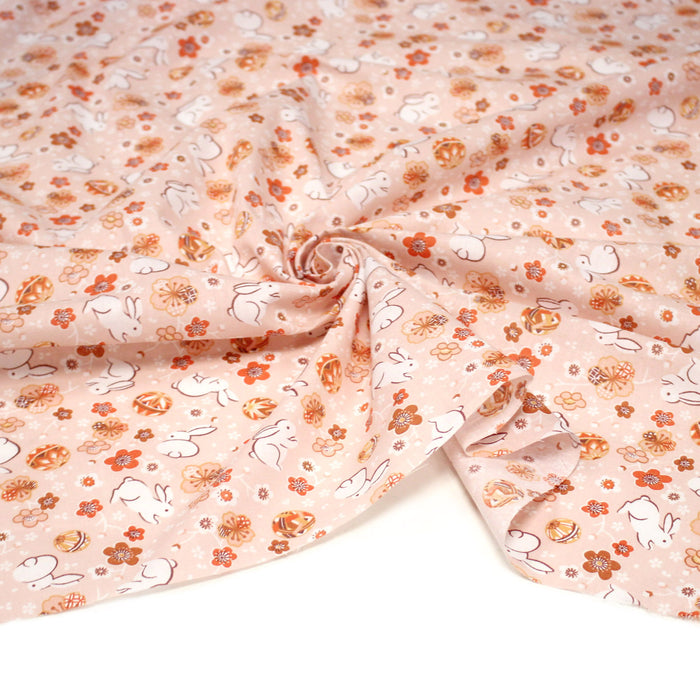 Tissu coton motif japonais Coeurs, lapins et fleurs sakura - STANDARD 100 OEKO-TEX
