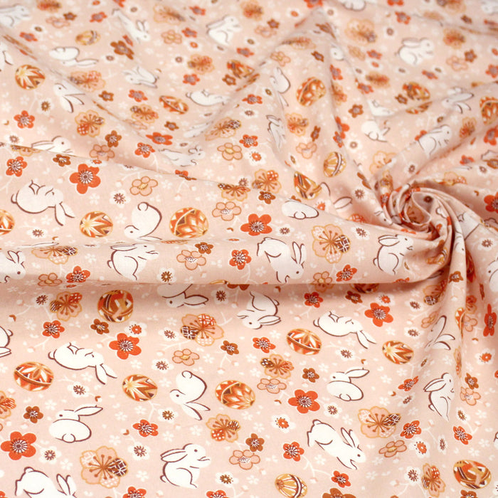 Tissu coton motif japonais Coeurs, lapins et fleurs sakura - STANDARD 100 OEKO-TEX