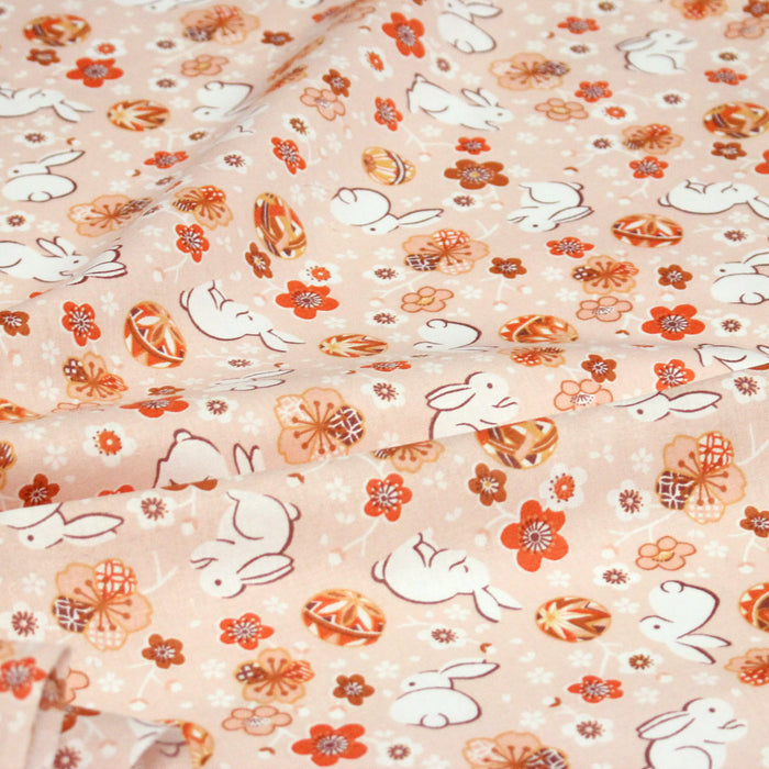 Tissu coton motif japonais Coeurs, lapins et fleurs sakura - STANDARD 100 OEKO-TEX
