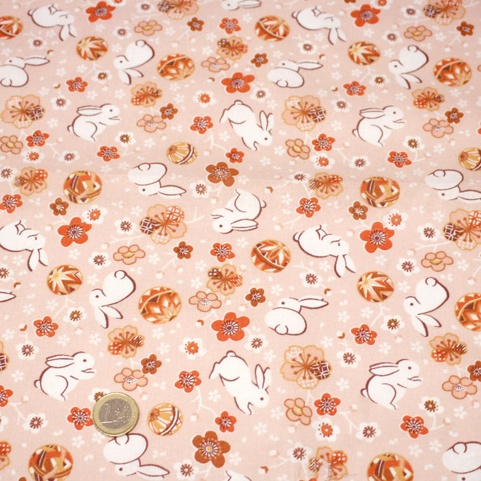 Tissu coton motif japonais Coeurs, lapins et fleurs sakura - STANDARD 100 OEKO-TEX