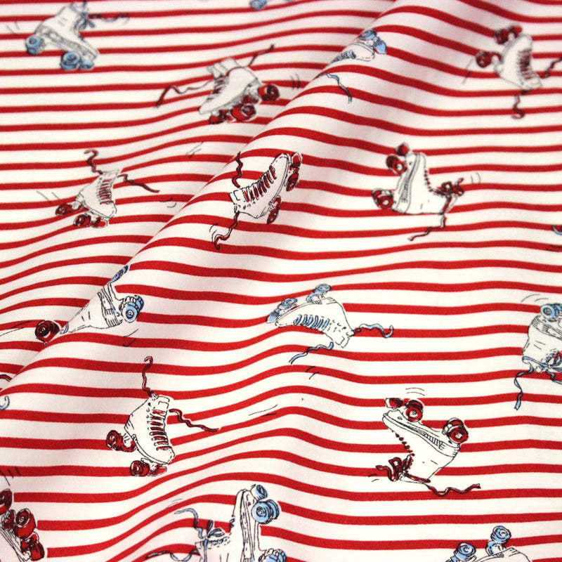 Tissu popeline coton, roller quad / patins à roulette & rayures blanches et rouges - TissusPapi.com