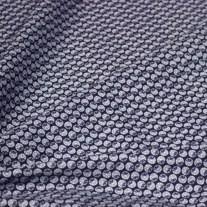 Tissu popeline coton, motif japonais KURUMA aux cercles bleu indigo