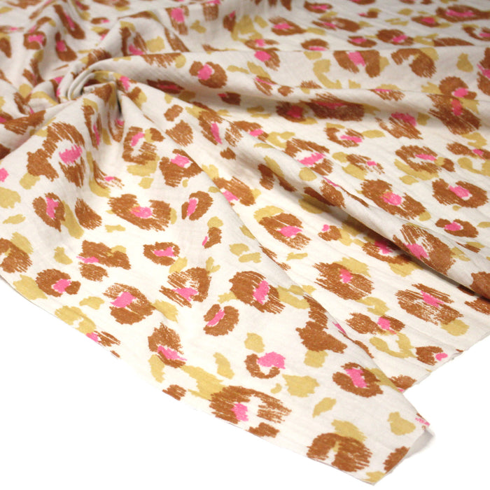 Tissu double daze imprimée léopard KARULA, écru ocre rose - OEKO-TEX