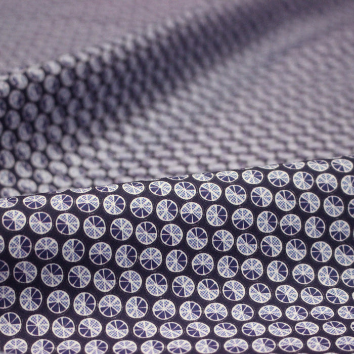Tissu popeline coton, motif japonais KURUMA aux cercles bleu indigo