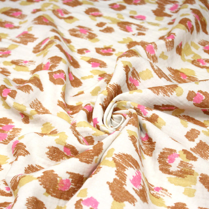 Tissu double daze imprimée léopard KARULA, écru ocre rose - OEKO-TEX