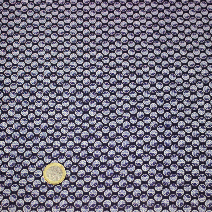 Tissu popeline coton, motif japonais KURUMA aux cercles bleu indigo