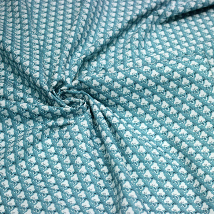 Tissu popeline coton, fleurs stylisées vert céladon et blanc - TissusPapi.com