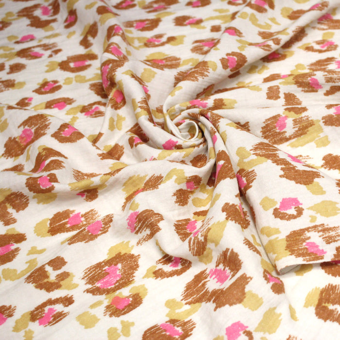 Tissu double daze imprimée léopard KARULA, écru ocre rose - OEKO-TEX