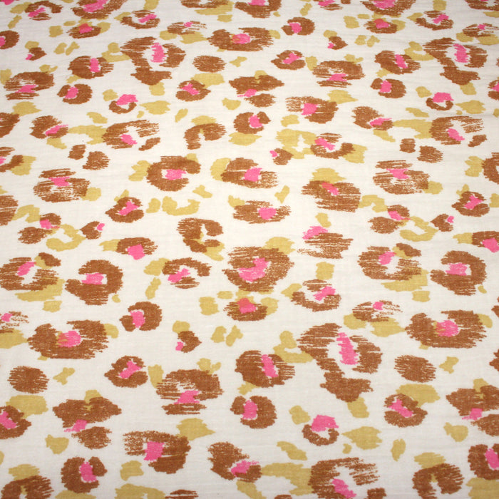 Tissu double daze imprimée léopard KARULA, écru ocre rose - OEKO-TEX