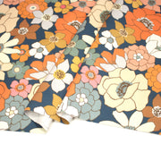 Tissu gabardine de coton SUZANNE imprimé fleurs rétro : bleu, rouille, olive - OEKO - TEX STANDARD 100 - TissusPapi.com
