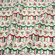 Tissu de Noël cotonnade blanc rouge vert aux cloches, gants et patins à glace sur fond rayé - TissusPapi.com