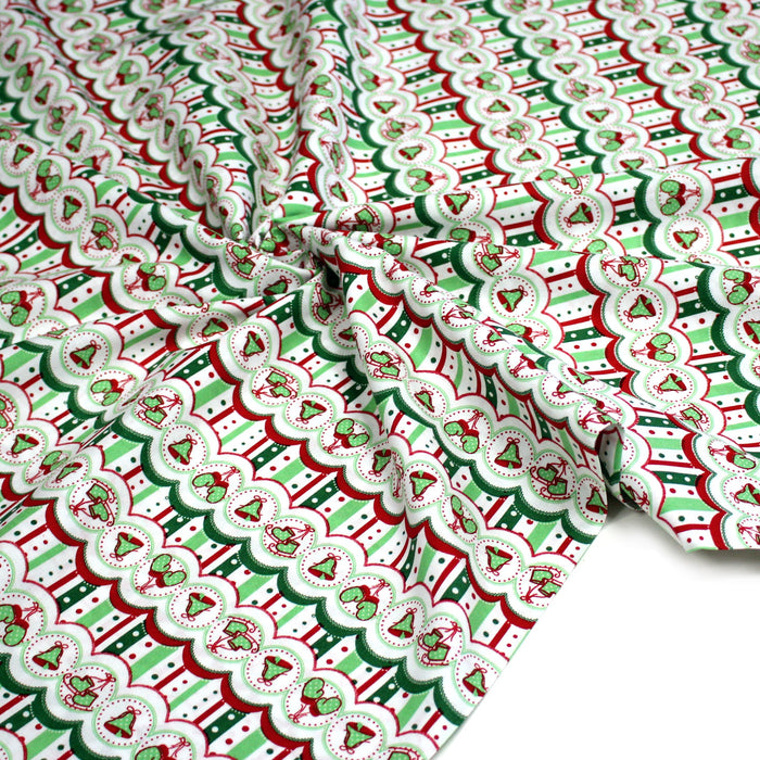 Tissu de Noël cotonnade blanc rouge vert aux cloches, gants et patins à glace sur fond rayé