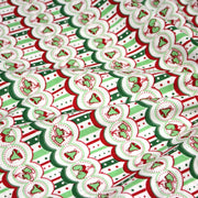 Tissu de Noël cotonnade blanc rouge vert aux cloches, gants et patins à glace sur fond rayé - TissusPapi.com