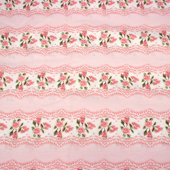 Tissu popeline coton, rayure romantique aux bouquets de roses façon dentelle - TissusPapi.com