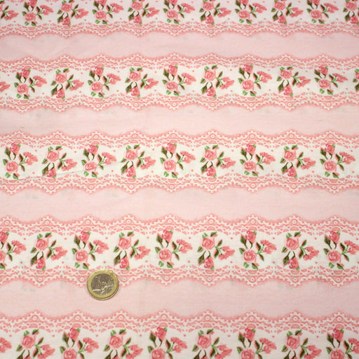 Tissu popeline coton, rayure romantique aux bouquets de roses façon dentelle - TissusPapi.com