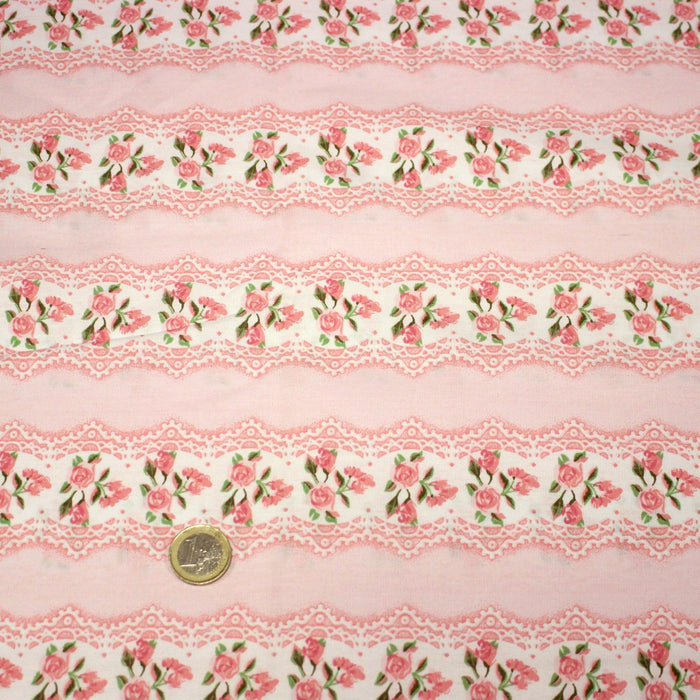 Tissu popeline coton, rayure romantique aux bouquets de roses façon dentelle - TissusPapi.com