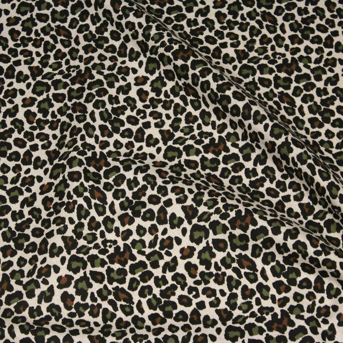 Tissu de coton demi-natté lin motif léopard noir, vert et marron